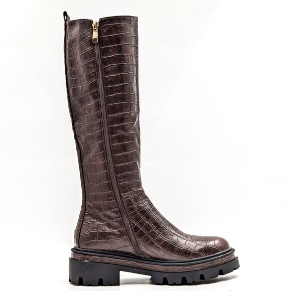 Torgeis NY Women Brown Croc Vegan Leather Stretch Elastic Panel Knee Boots sz 6. - Picture 10 of 11